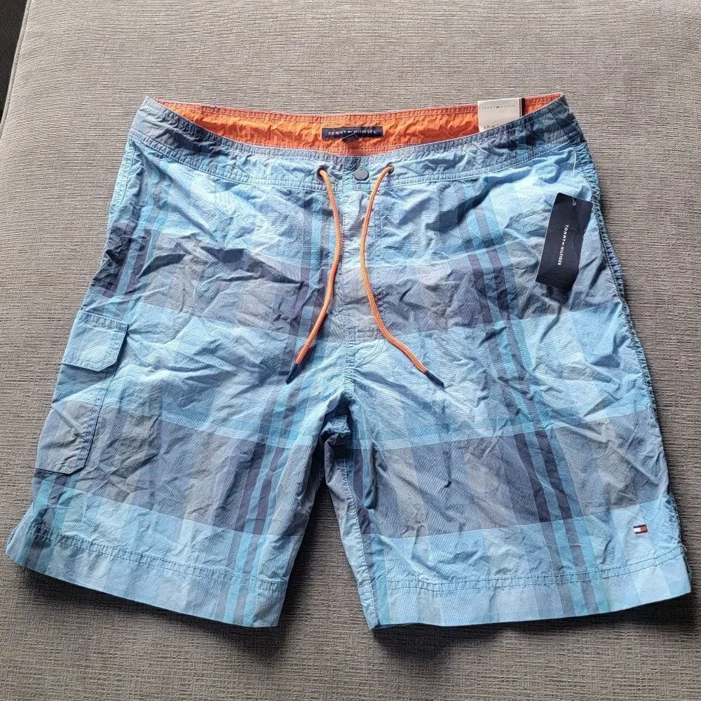 Tommy Hilfiger Men's Mg Blue Plaids Basic Drawstring Swim Short Size XL